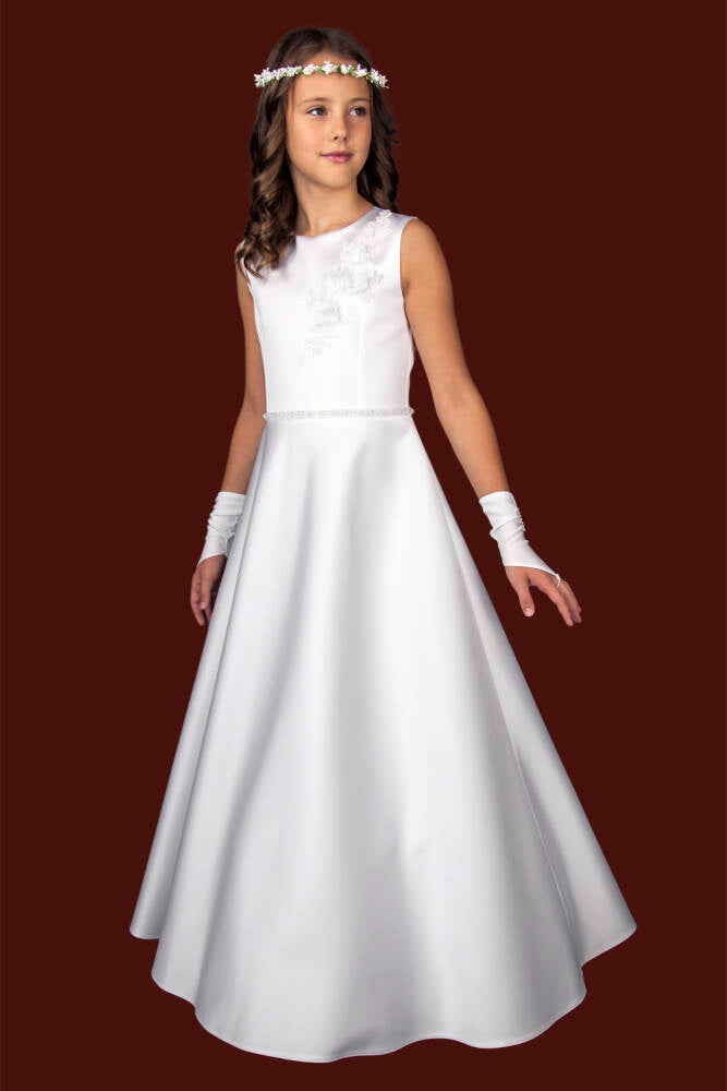 A brand-new white long-sleeved lace and tulle communion dress